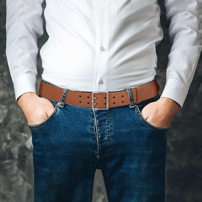 Чоловічий шкіряний ремінь BISON DENIM: класичний бізнес-ремень для джинсів з металевою пряжкою та подарунковою коробкою (W71812-1zm-braun, 120)