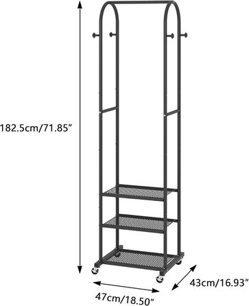 Robust Clothes Rack with Wheels, Modern Clothes Rack with 3 Metal Shelves, 180 cm Display Stand for Hanging Clothes, Clothes Rail for Small Room, Black