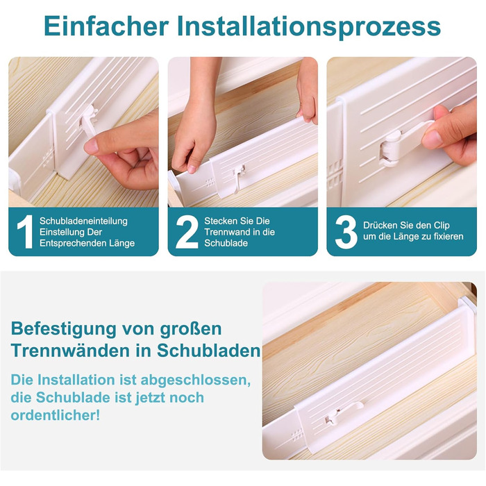 MOFELON 8-Piece Drawer Dividers, Adjustable Drawer Dividers (33-58.5cm, 6.4cm H), Closet Drawer Organization System for Kitchen, Dresser, Bedroom, Bathroom-White