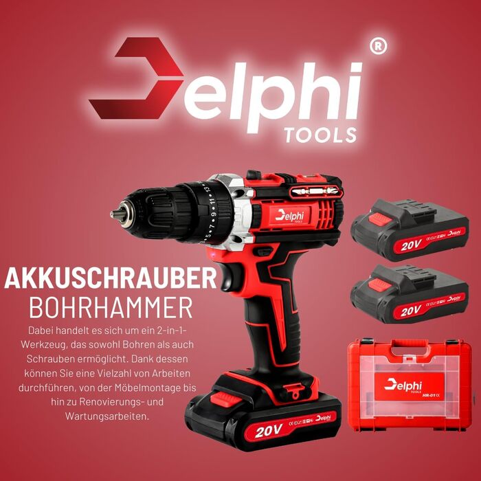 Акумуляторний шуруповерт DELPHI 20V: комплект з 2 акумуляторами, 50Nm, 2 швидкості, 25 ступенів моменту, LED-ліхтар, 34 аксесуари в кейсі для DIY-проєктів