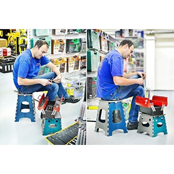 Складний стілець Stark 44 см – табурет до 120 кг, з ручкою, неслизький для кухні, ванної, саду та майстерні, компактний (Сіро-блакитний)