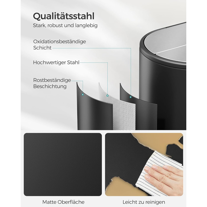 SONGMICS Відро для сміття кухонне, сортувальник 2 відділення, 30 л та 20 л, вузьке, з педаллю, для переробки та сміття, з двома кришками, білий + металік