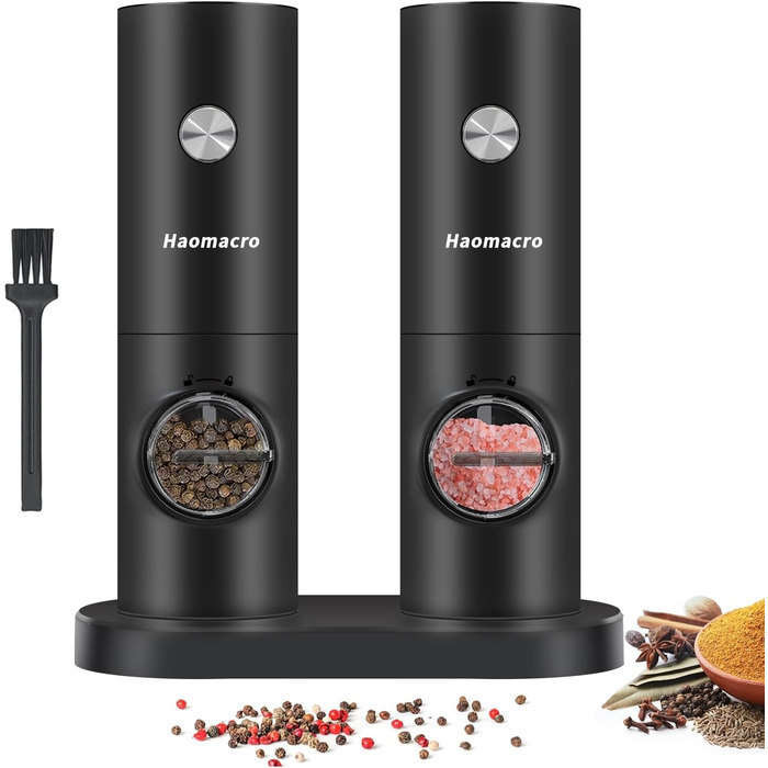 Haomacro Electric Salt and Pepper Grinder Set, Battery Operated, Electric Pepper Grinder Automatic Spice Grinder Salt Shaker with Base, LED Light, Adjustable in 5 Levels