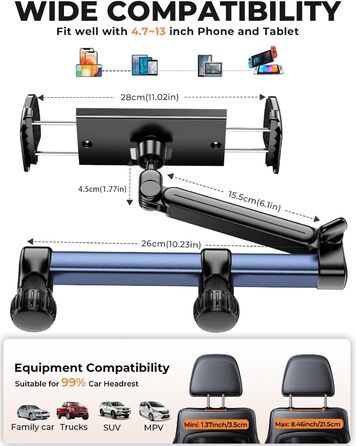 Тримач для планшету TRYONE в авто: кріплення на підголівник, 46 см, 3-в-1, для дітей, сумісний з iPad, Samsung Tab, Switch, телефонами (4.7-13 дюймів)