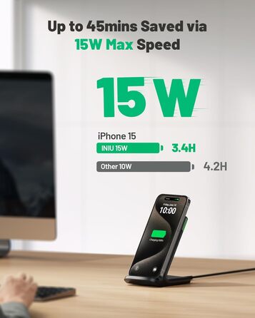 Бездротовий зарядний пристрій INIU 15W для iPhone та Samsung Galaxy – Qi сертифікат, чорний