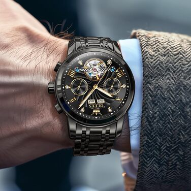 Чоловічий механічний годинник OLEVS з автопідзаводом, турбійоном та календарем, водонепроникний, світловий циферблат (7088 All Black)