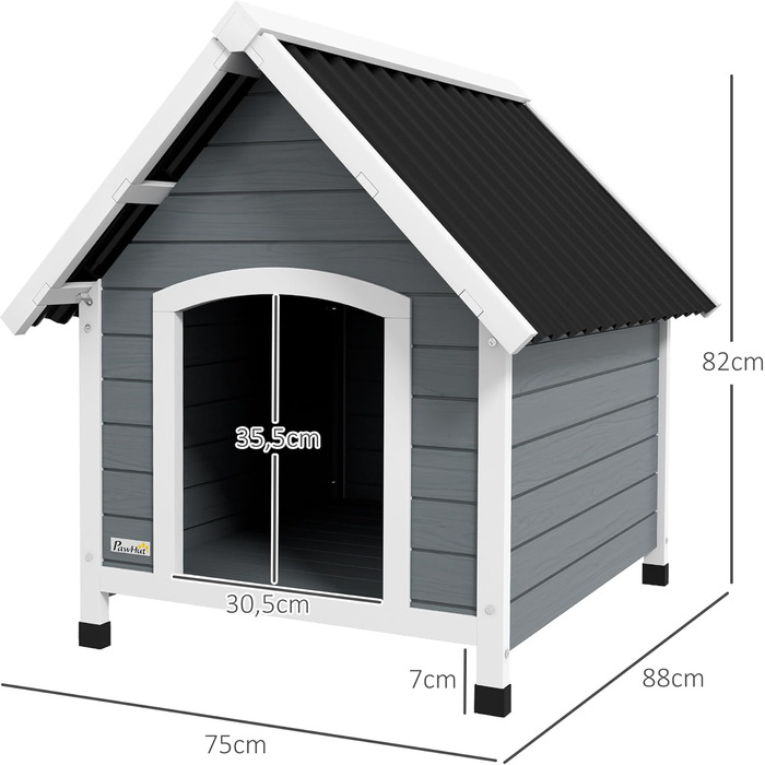 Будка для собак PawHut з дерева, сірого кольору, для середніх собак, 75 x 88 x 82 см, знятний піддон, захист від корозії, зовнішнє використання