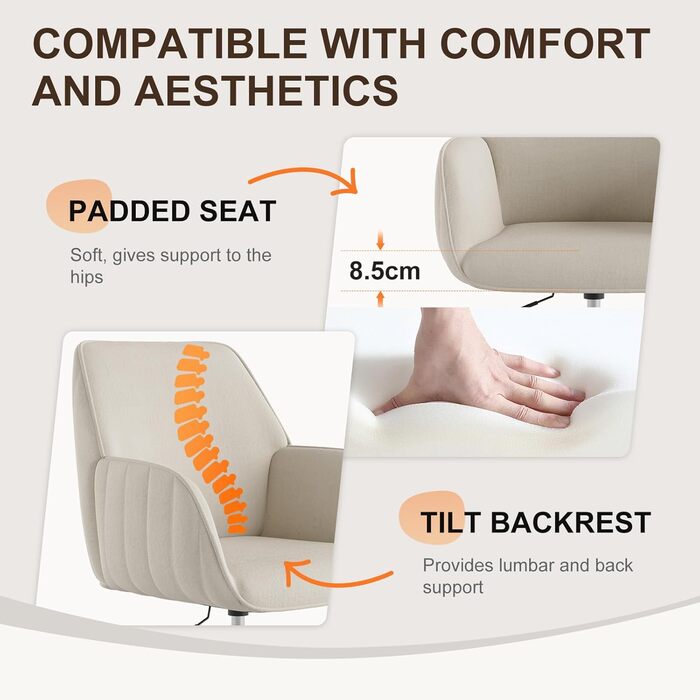 Офісний стілець для дому та офісу до 136 кг, обертовий, оксамитовий, з підлокітниками та колесами, ергономічний, білий. Стільчик для макіяжу, регульована висота.