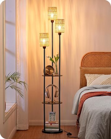 Стійка лампа EDISHINE для вітальні, вінтажна 3-лампова модель з полицею та абажуром з ротангу, 3 патрони E27, з лампочками, бохо-лампа з вимикачем на нозі для спальні та офісу, 178 см (Вінтажний коричневий)