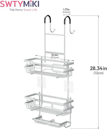 Настінна поличка для душу SWTYMIKI з нержавіючої сталі з 2 кошиками та 2 мильницями, 14 гачків, срібна