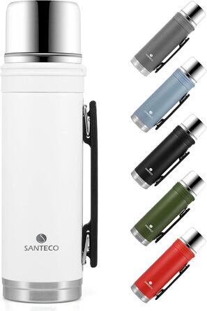 SANTECO 1L Stainless Steel Thermos Flask with Cup - Insulated Leakproof Travel Thermos for Hot & Cold Drinks - BPA Free