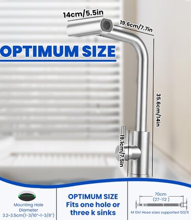 Висувний змішувач для кухні з 4 режимами – нержавіюча сталь, водоспад, високий тиск, 3/8 дюйма, для мийки