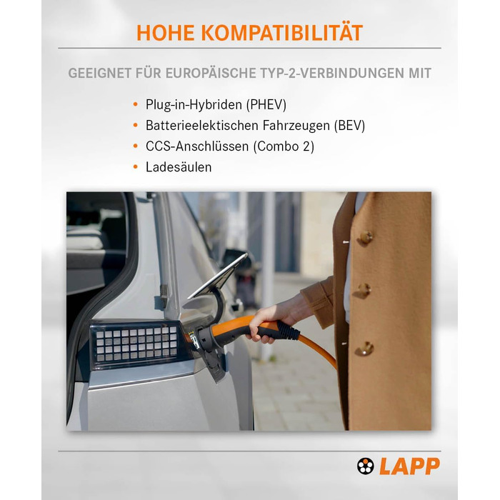 Кабель зарядки LAPP Mobility Typ 2 22 кВт, 7м - для електромобілів, 32А, 3-фазний, IP55, оранжевий