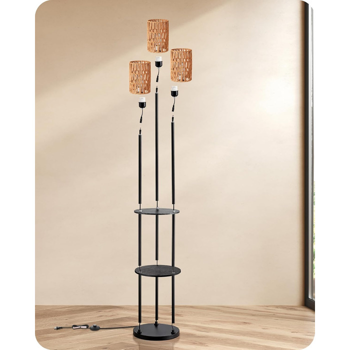 Стійка лампа EDISHINE для вітальні з трьома плафонами, вінтажний стиль, полиця, абажур з ротангу, 3 x E27, з лампочками, бохо-стиль, з вимикачем на ніжці, 178 см, чорний