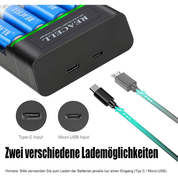 Зарядний пристрій для акумуляторів AA/AAA NiMH, LED дисплей, USB Type-C та Micro USB, швидка зарядка