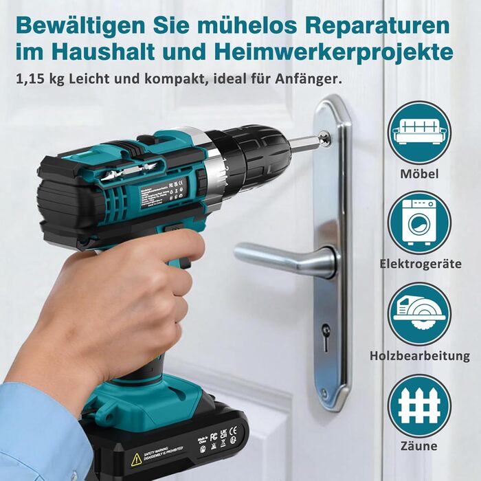 Акумуляторний шуруповерт Sundpey Set з 2 акумуляторами 2.0Ah, 21V, 1500 об/хв, 45Nm, 18+1 режим, LED-підсвічування, для ремонту та DIY