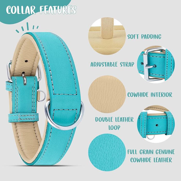 Riparo Genuine Leather Adjustable Dog Collar with Additional Reinforcement (: 4.5CM Wide for 53.4CM - 63.5CM Neck, ) (L, Aqua)