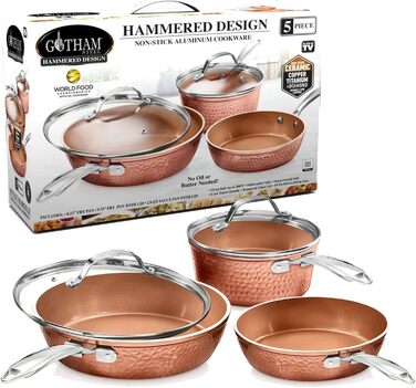 Набір кухонного та десертного посуду Gotham Steel Hammered Copper Collection (15 предметів) з антипригарним покриттям, алюмінієвий. Включає сковорідки (набір з 5 сковорідок)