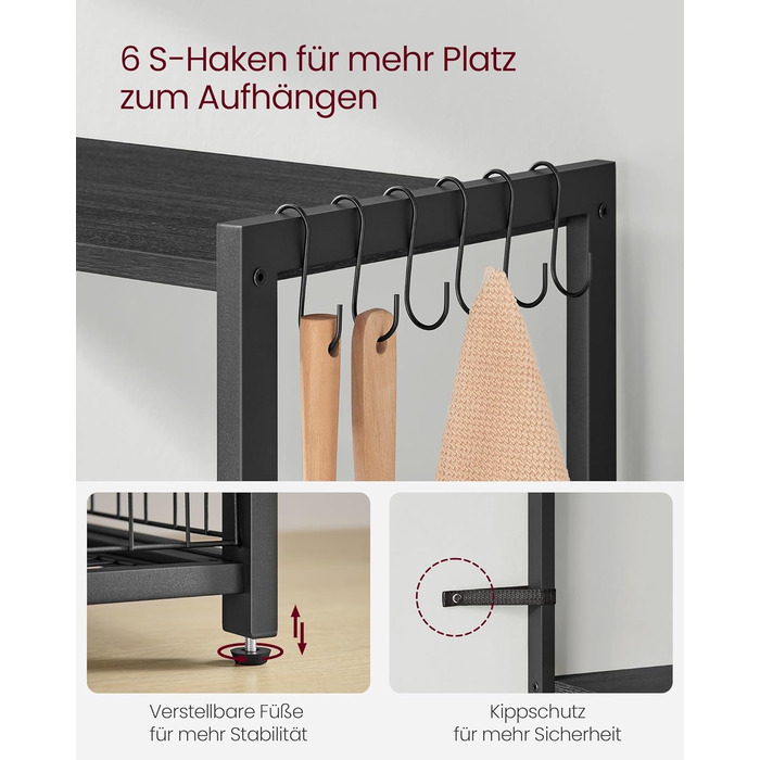 Стелаж кухонний VASAGLE з 2 металевими кошиками, з гачками та полицями, для мікрохвильової печі, 35 x 80 x 93,5 см, золотий дуб + білий (KKS096W09)