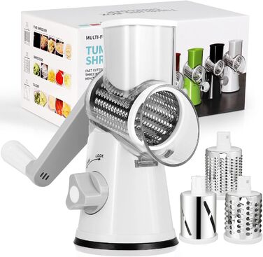 Механічна тертка для сиру та овочів Diealles Shine з ручкою, 3 змінні леза з нержавіючої сталі, для сиру, овочів, горіхів, кави, білий колір