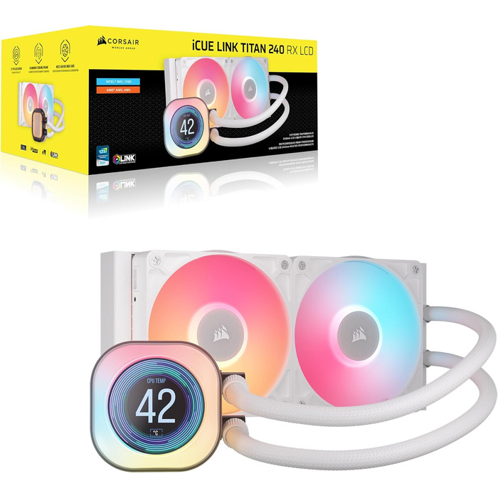 Рідинне охолодження процесора Corsair iCUE LINK Titan 360 RX LCD (Білий) — FlowDrive, 3x 120мм RGB вентилятори, сумісність з Intel LGA 1851/1700 та AMD AM5/AM4, AIO