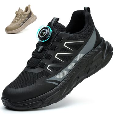 Черевики безпеки для роботи: чоловічі та жіночі, зручні, з металевим носком, легкі, дихаючі, для промисловості, з поворотними пряжками та шнурівками, 42 EU, чорні