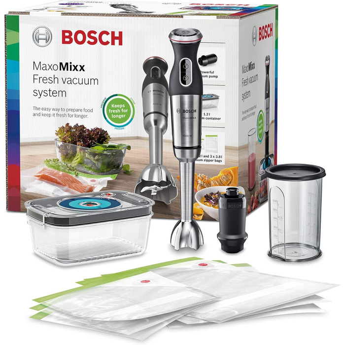 Блендер Bosch MaxoMixx MS8CM61V1 з вакуумною функцією, 1000 Вт, нержавіюча сталь, 4-в-1, мірний стакан, вакуумний насос і аксесуари