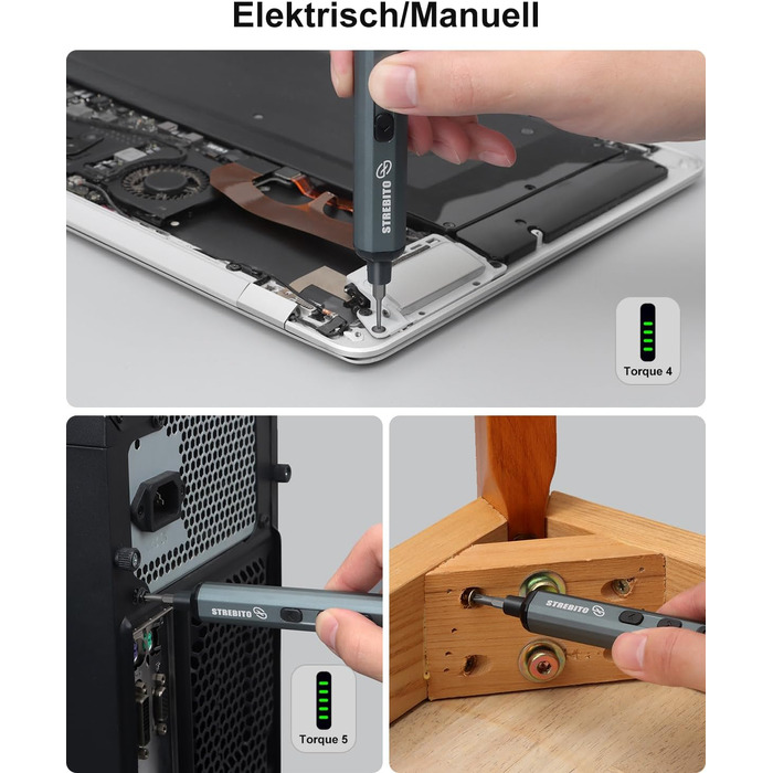 Міні-шуруповерт STREBITO 70-в-1: комплект з 64 бітами, 5 режимів крутного моменту, LED-підсвічуванням, сірий