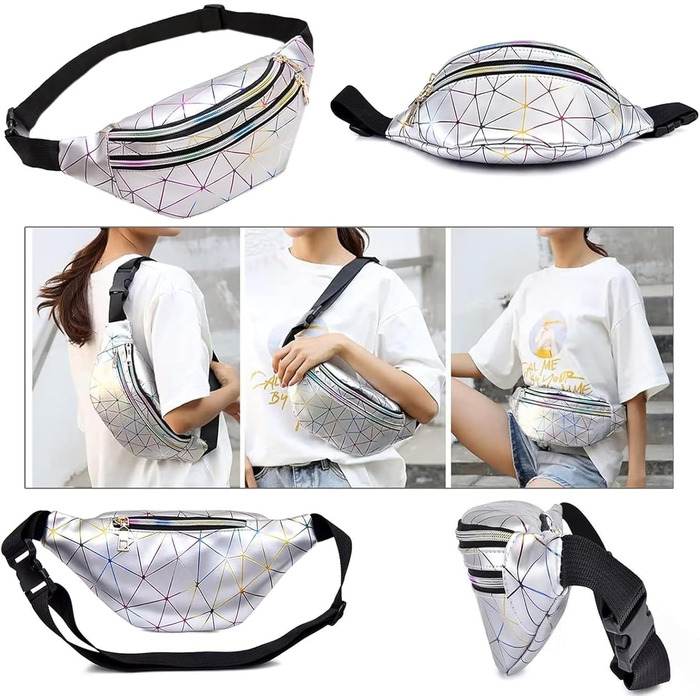 Сумка на пояс 80-х для жінок, лазерний стиль, блискітки, регульований ремінь, водонепроникна, для активного відпочинку, подорожей, туризму, відпустки (срібна, оновлена версія)