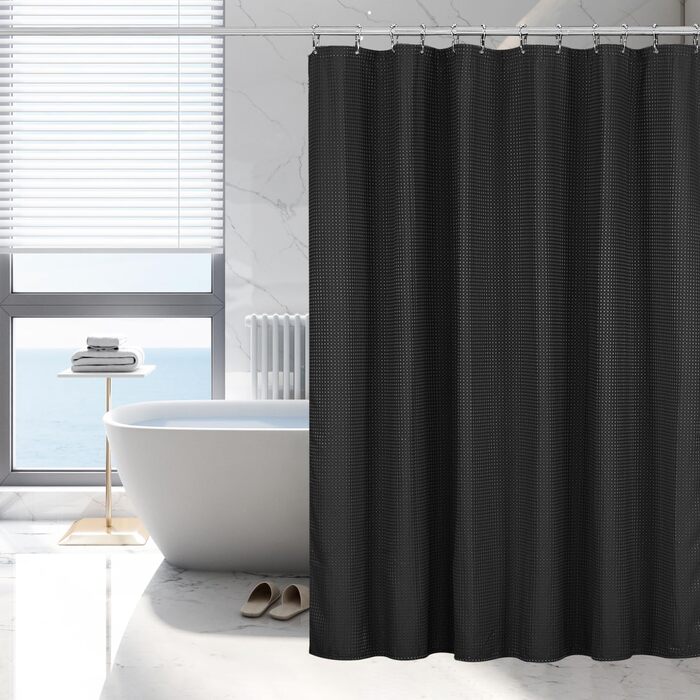 Шторка для душу Waffel 183x198 см - текстильна, поліестер, з магнітною стрічкою та 12 кільцями, непрозора та водонепроникна для ванної кімнати (Чорний, 183x198 см)