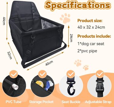 Автомобільний лежак для собак, чорний, 40x32x24 см, знімний, з тканини Оксфорд, дихаючий, для собак та котів