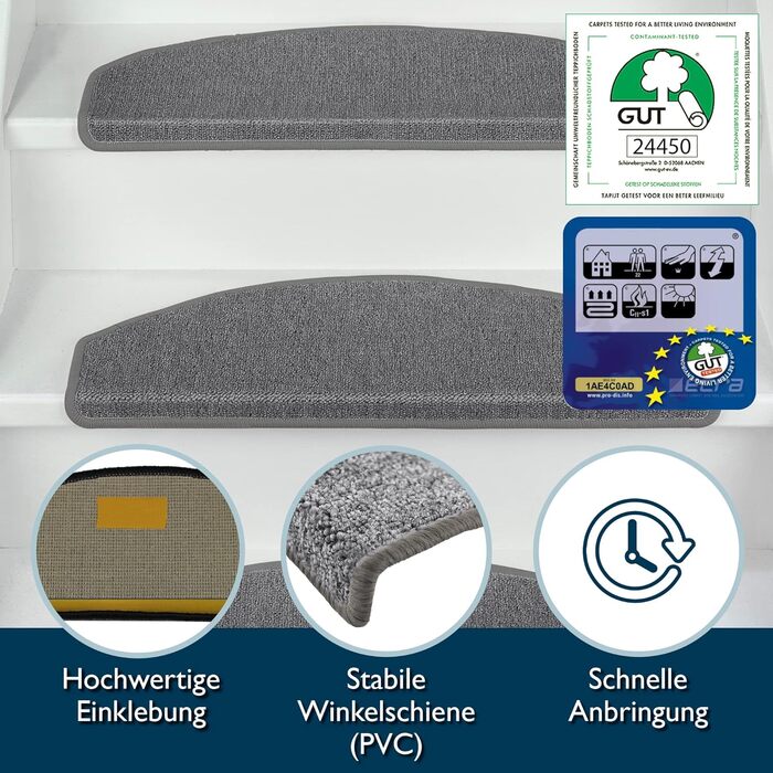 Beautissu Stair Treads - 55x15 cm - 15 Pack - Non-Slip Indoor Stair Mats - Carpet Stair Treads for Narrow Stairs - ProStair - Grey