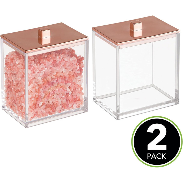 Набір ватних дисків та контейнер для ватних паличок mDesign - сучасне скло для зберігання з кришкою, аксесуар для ванної кімнати, пластик, для косметики та догляду, прозорий/рожеве золото