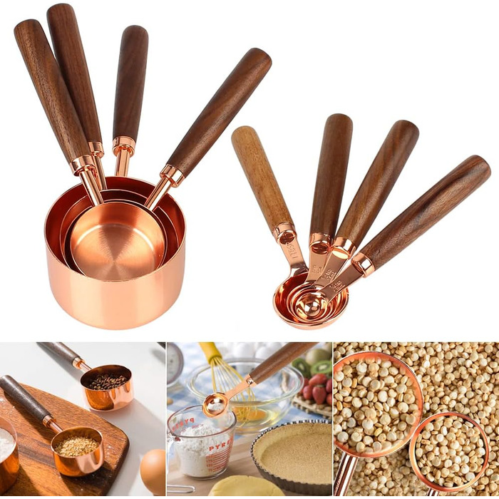 Measuring cups and spoons with wooden handles, 8-piece set, coffee bartender scale, kitchen accessories (Rose Gold)