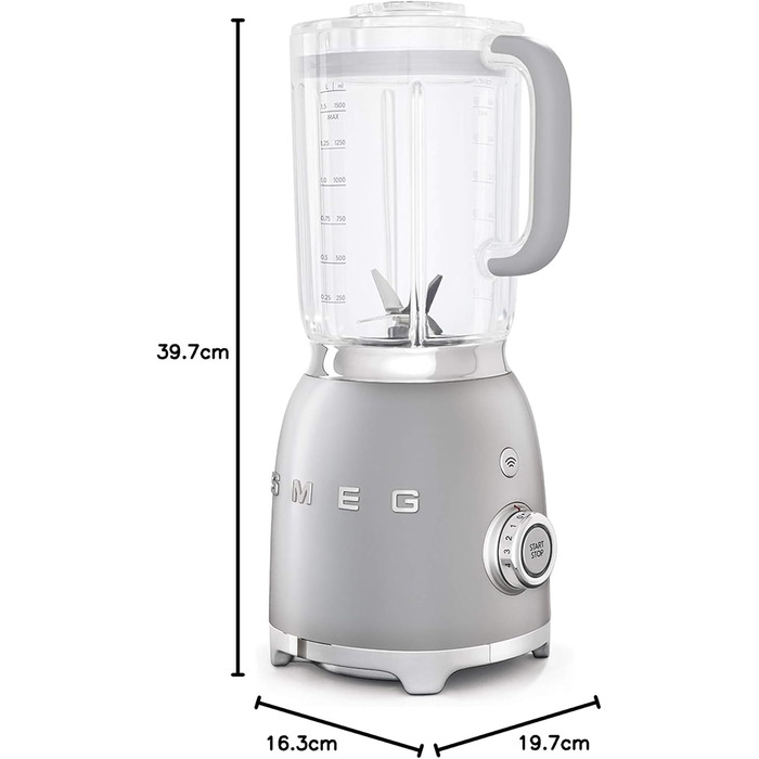 SMEG, BLF01SVEU 1.5 l Standmixer, 4 speed settings, 3 automatic programs, Detachable double blade, Transparent lid opening with dosing cap, Non-slip base, 800W, Silver