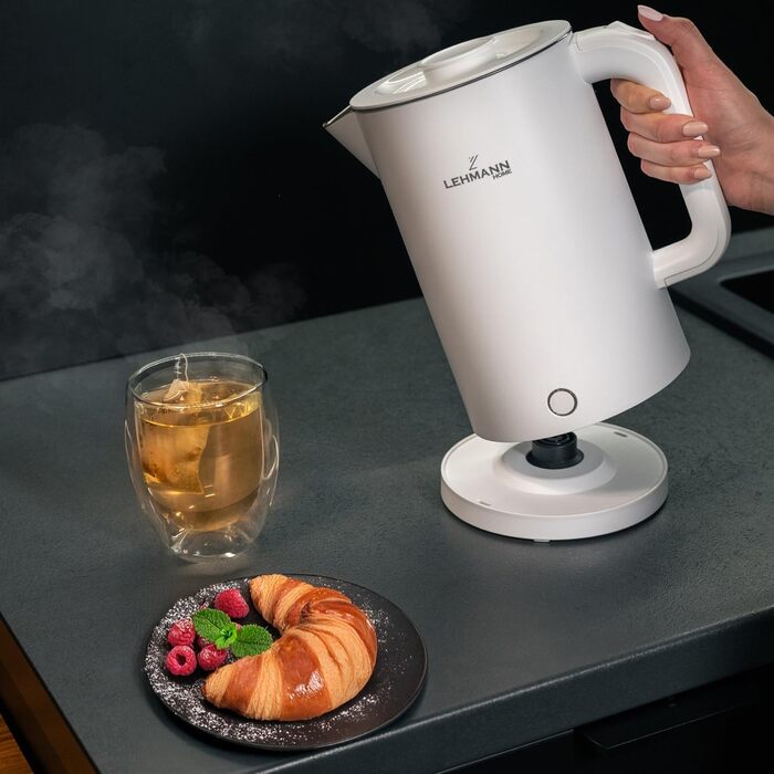 Електричний чайник LEHMANN з нержавіючої сталі 1.7L, 2200W, швидкий нагрів, подвійні стінки, автовимкнення та захист від перегріву, BPA-free, для дитячого харчування, чаю та кави (білий)