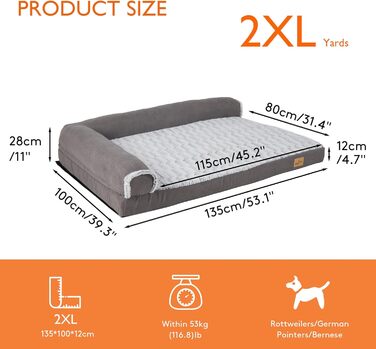 BingoPaw Ортопедичне ліжко для собак великих порід: м'яке, зручне, знімний чохол, легко мити. Ліжко-корзина для собак з пінополіуретановою матрацом, ковзаюча підкладка, сіре ліжко-софа XL 120x90x25 см (XXL: 135x100x28 см)
