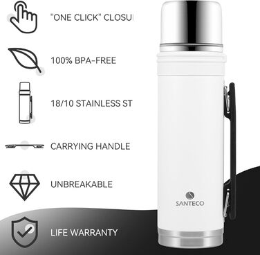 SANTECO 1L Stainless Steel Thermos Flask with Cup - Insulated Leakproof Travel Thermos for Hot & Cold Drinks - BPA Free