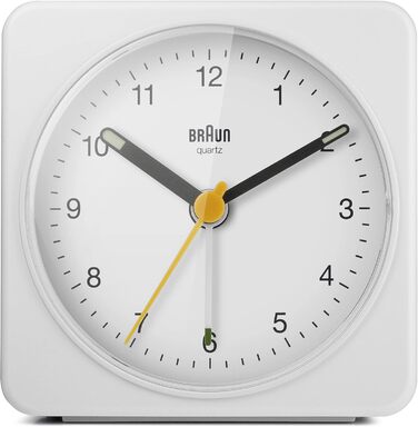 Braun Classic Analog Alarm Clock with Snooze Function and Light, Silent Quartz Movement, Crescendo Alarm, White Model BC03W