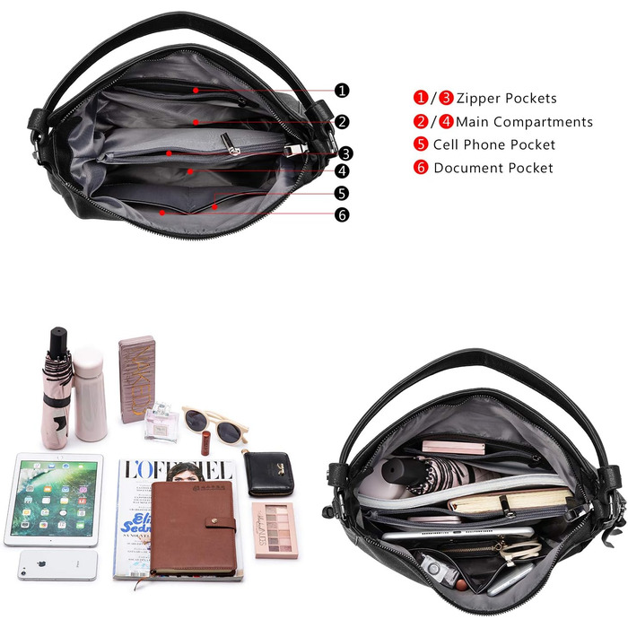 Жіноча сумка-шопер Realer середнього розміру, чорна (L) - PU шкіра, для роботи, офісу, покупок, вінтажний стиль Hobo