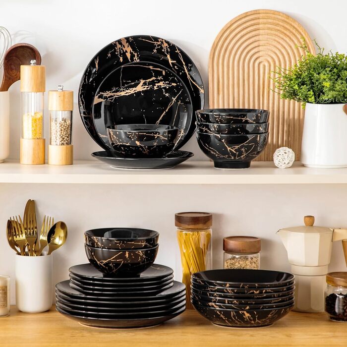 Набір посуду Lovelcasa Sweet Daphne 32-елементний, порцеляновий сервіз з золотим декором для 8 осіб (чорний)