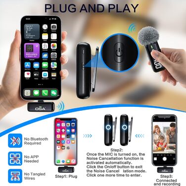 Бездротовий петличний мікрофон OSA: професійний комплект з двома мікрофонами, Plug-and-Play, для iPhone, Android, камери, ПК