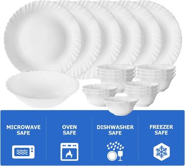 Набір посуду Larah, 35 предметів: тарілки, миски, кришки, ложки, сервіз на 6 осіб, опал, міцний, легкий, для мікрохвильової печі та посудомийної машини, білий з зеленими квітами