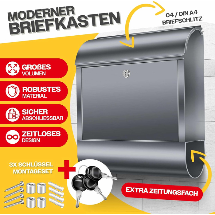 Поштовий ящик настінний KESSER XXL нержавіюча сталь, з газетницею, замок (3 ключі), антрацит