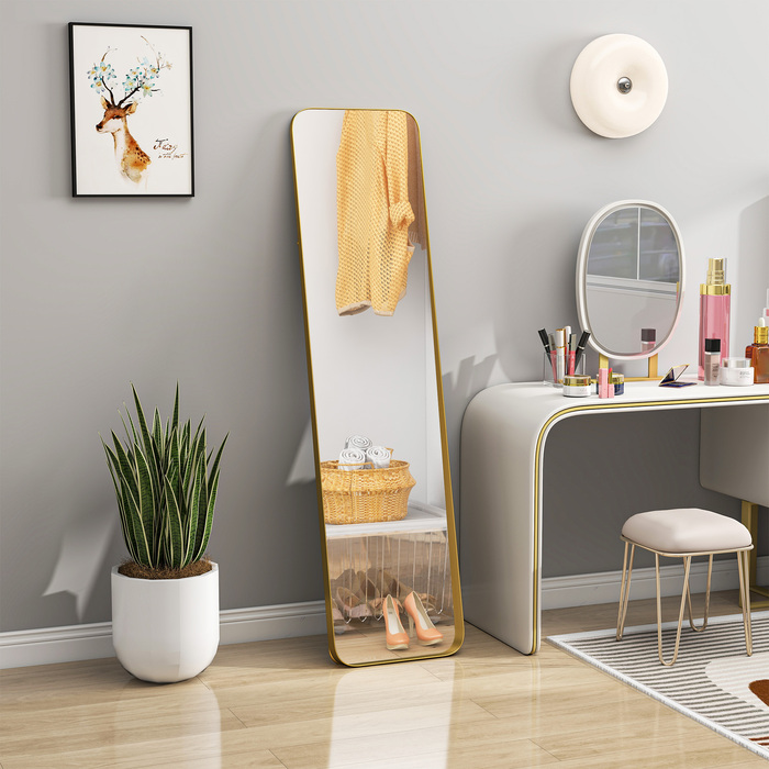 HOMCOM Full-Length Mirror 160 x 40 cm Slim Standing Mirror with Metal Frame and Shatter-Resistant Glass, Wall Mirror for Standing, Leaning, Mirror for Living Room, Bedroom, Hallway, Gold | Aosom