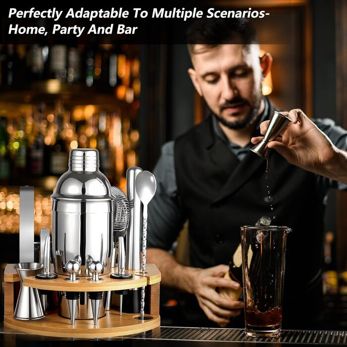 12-Piece Cocktail Shaker Set, 750ml Stainless Steel Cocktail Set with Bamboo Stand & Recipe Book, Cocktail Shaker Set, Gift for Men, Women (Home Bar, Party, Wedding)