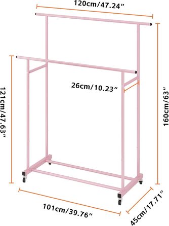 Clothes Rack with Double Rod, Rolling Clothes Rack, Portable Clothes Rack for Bedroom, Living Room, Clothing Store (Pink)