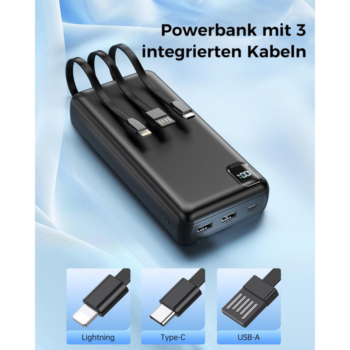 Повербанк Powerbank 50000mAh P500C з вбудованими кабелями та LED-дисплеєм, швидка зарядка USB-C, зовнішній акумулятор для iPhone, Android та планшетів, чорний