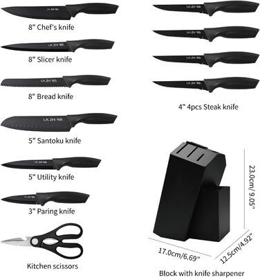 Набір ножів LIN ZHI REN 13 предметів з бруском, чорний. Кухонний набір ножів, ергономічні ручки, безпечний, для миття в посудомийній машині