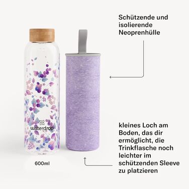 waterdrop® Edition Glass Bottle 600ml Drinking Bottle, Leak-Proof Glass, Suitable for Carbonated Drinks | BPA-Free Water Bottle including Neoprene Sleeve | Dishwasher-Safe, Lightweight Borosilicate Glass Bottle (Boost Melange)